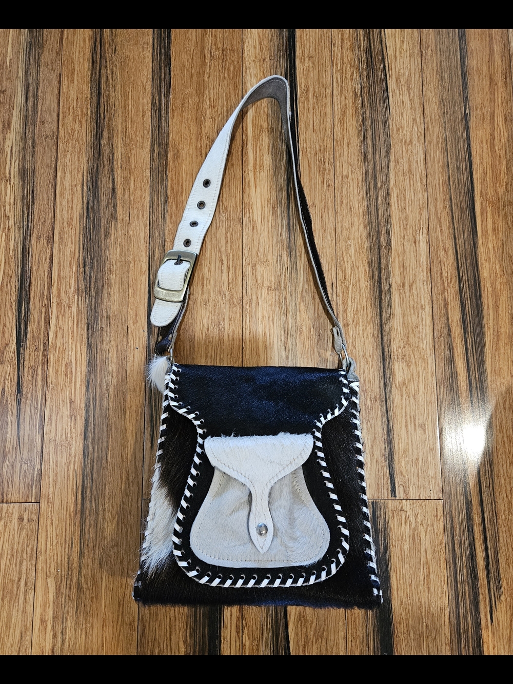 Vintage Black and White Cowhide Crossbody Bag - Genuine Haircalf